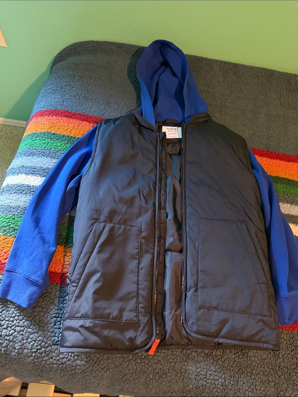 Old Navy Blue Hoodie with Black Quilted Vest